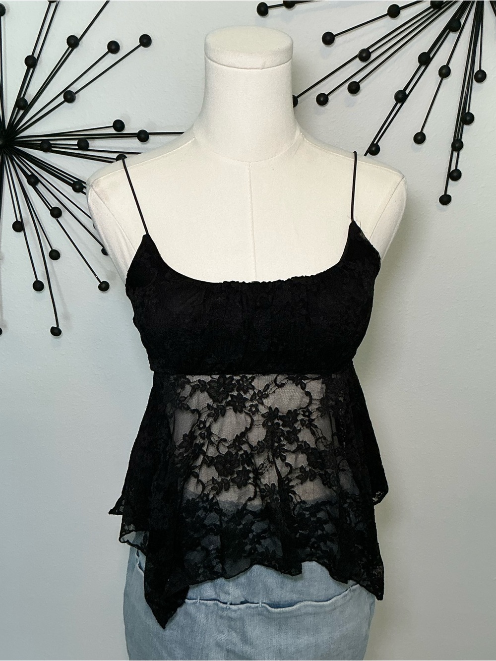 Just Polly Black Lace Babydoll Cami Top Sheer Flowy Y2K Size Small